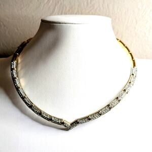 Vintage CZ 'V' Gold Tone Collar Fold Over Clasp 11" Collar Necklace